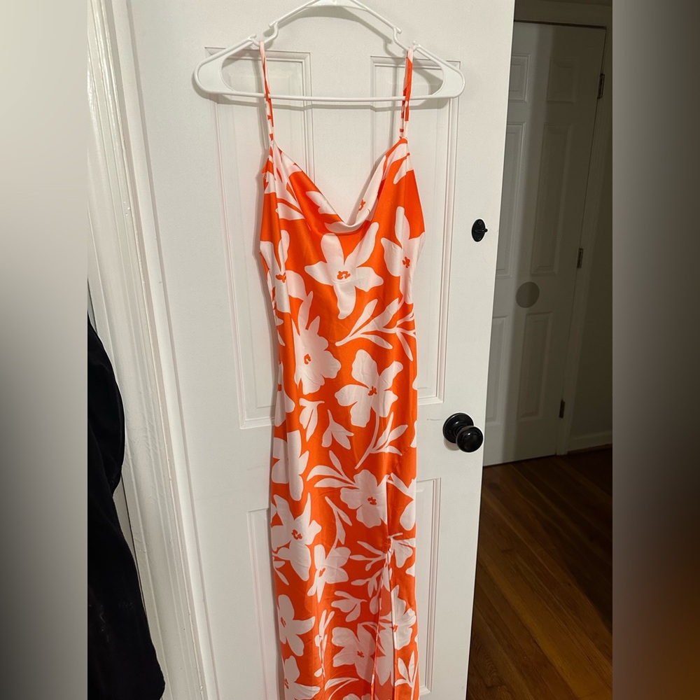 Women's Orange Floral Midi Dress - Slip Style